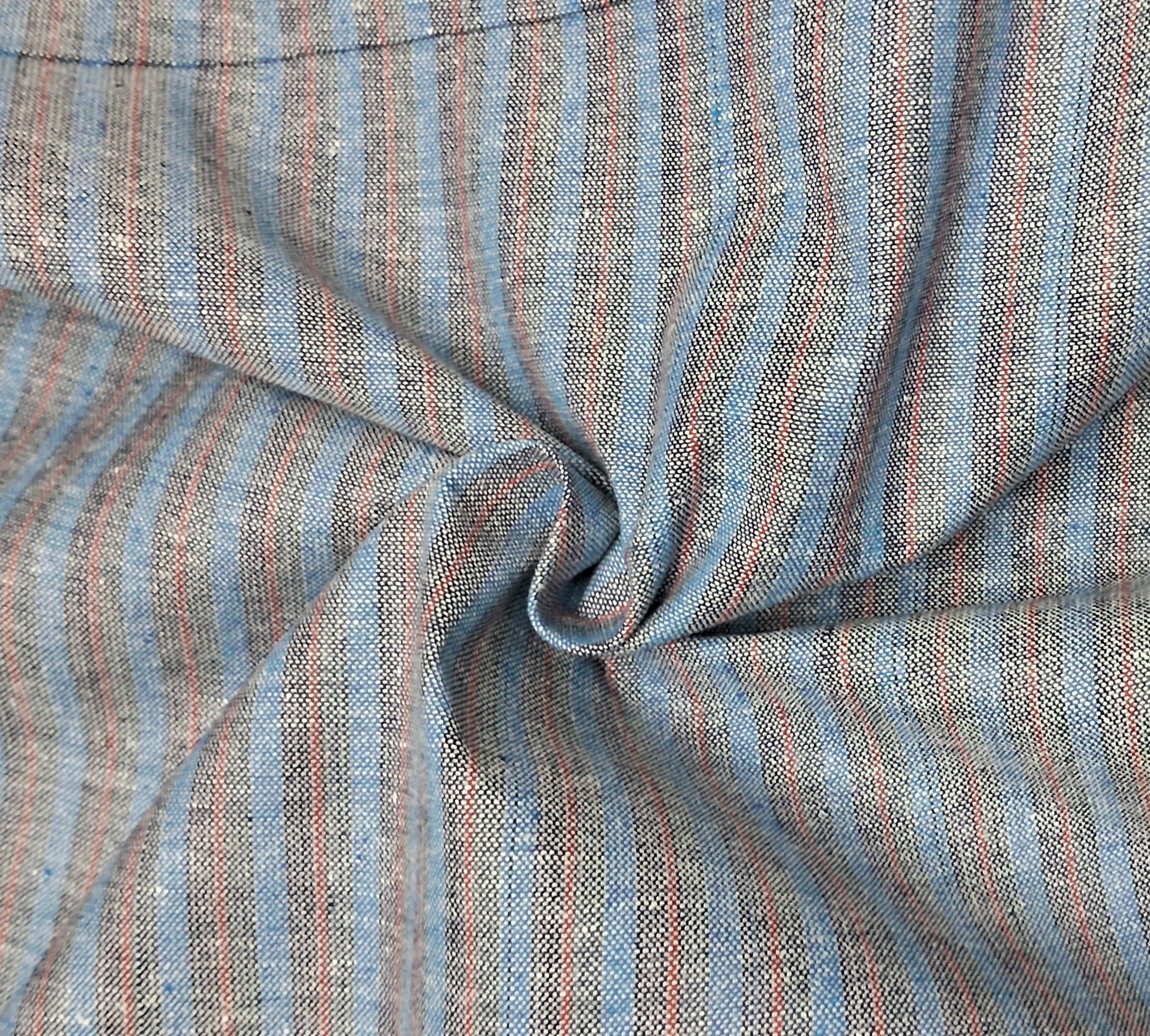BLUE , RED & BLACK STRIPES COTTON DT FABRIC
