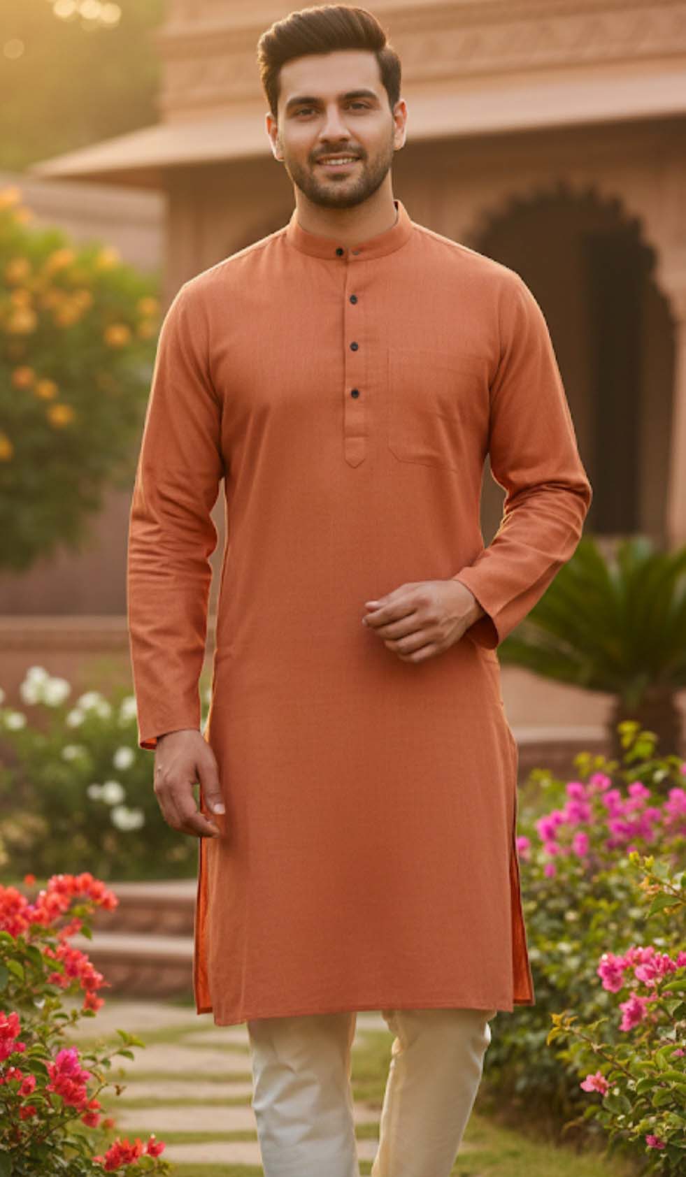 TERRACOTTA OR PEACH COLOUR PURE COTTON FULL SLEEVE KURTA FOR MEN
